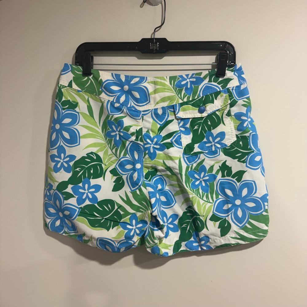 LL Bean Womens Green White Blue Hibiscus Floral Board Swim Shorts Size 8 - Picture 2 of 10